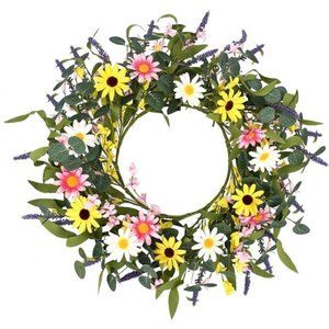 Artificial Spring Wreath,20” Pink Yellow White Flower Wreath Daisy Sunflower
